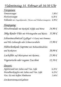 Restaurant Hubertus: Karte Valentinstag