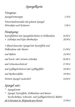 Restaurant Hubertus: Karte Spargelkarte